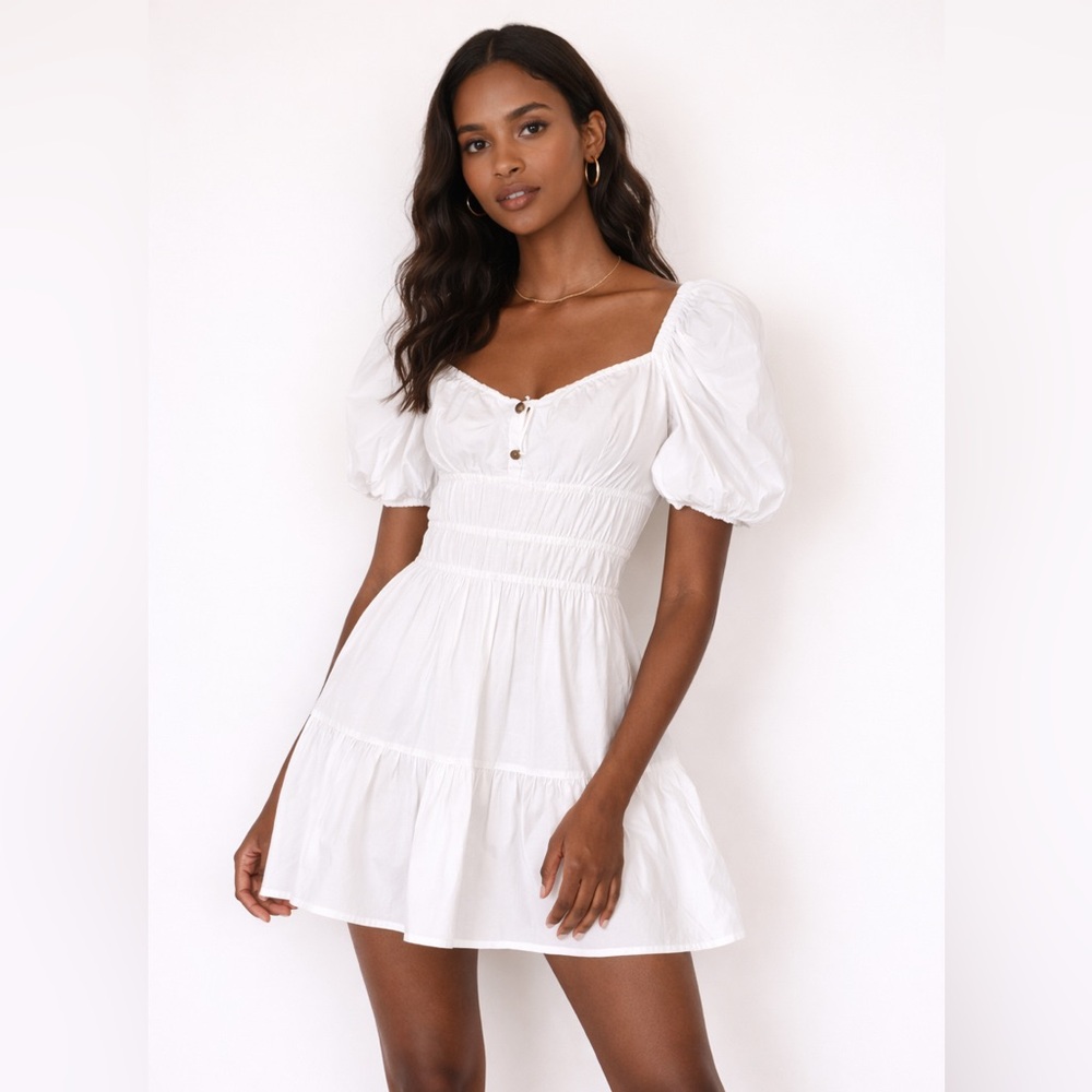 Pinko Abriolas Puff Sleeve White Mini Dress Cotton IT 38 🤍